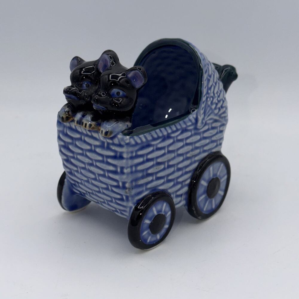 Vintage Japan Small Blue Baby Dog Twins Planter Buggy Stroller Collectable MCM